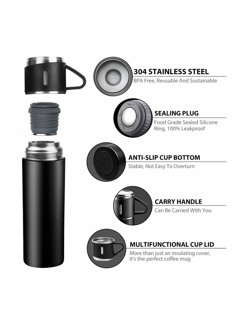 Water Bottle 500ml Vacuum Flask, Insulated Travel Mug with Leakproof Lid and Handle, Reusable Drinks Bottles Stays Coffee Tea Hot and Cold Up to 12 Hours for Work Sports Camping Cycling, Black - Image 2